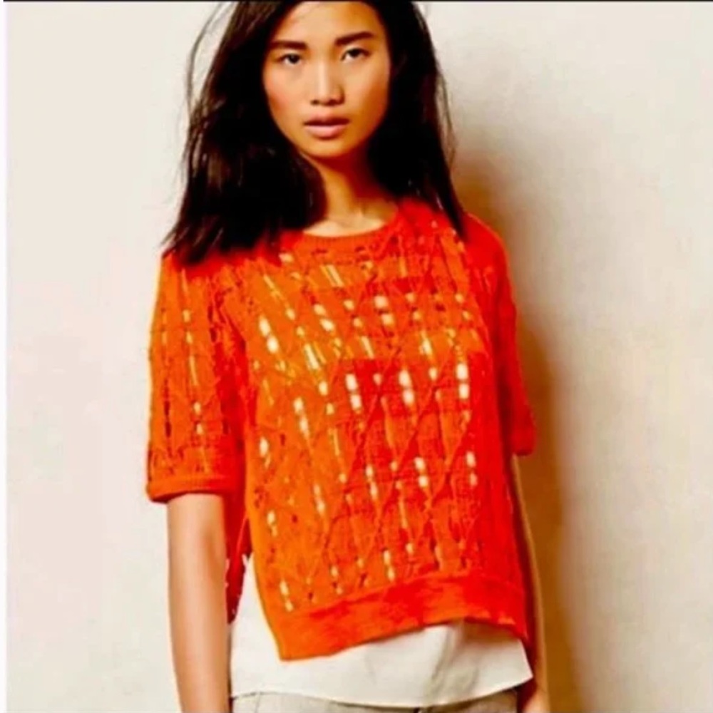 Anthropologie Moth Open Knit Red Rouge Short Sleeve Sweater